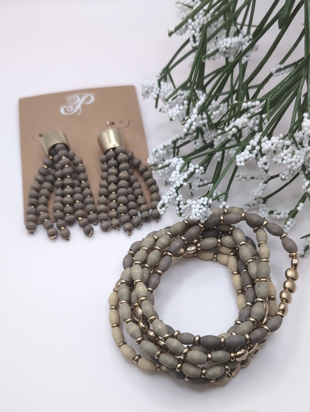 Plunder Neutral Taupe Gray Beaded Tassel Earrings and Stretch Bracelet Set NEW!